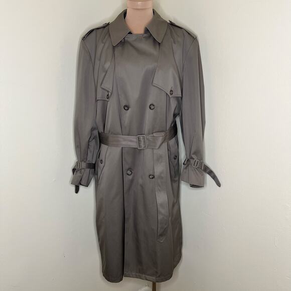 Towne London Fog Trench Coat 44R Mens Taupe Double Breasted Belted Cotton Fleece